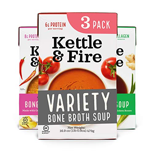 Bone Broth Soup Variety Bone Broth Soup, Tomato, Miso, and Thai Curry Variety Pack by Kettle and Fire, Pack of 3, Paleo Friendly, Whole 30 Approved, Gluten Free, with Collagen, 16.9 fl oz (Pack of 3)