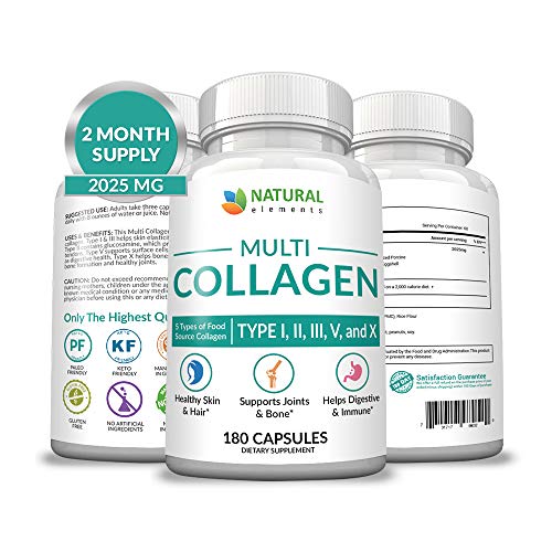 Multi Collagen Protein Capsules - 180 Collagen Capsules - Type I, II, III, V, X Collagen Pills - Proprietary Blend of Eggshell, Chicken, Wild Fish & Grass-Fed Beef Collagen Peptides - 2025mg per serv