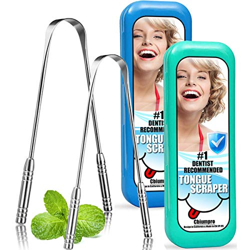 Tongue Scraper 2 Pack Professional Stainless Steel Metal Tongue Scraper Cleaner for Adults, Kids - with 2 Pack Great Carrying Box - 100% Cure Bad Breath - Built To Last