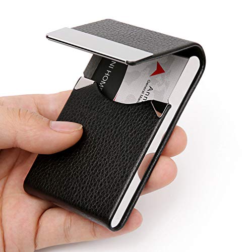 DMFLY Business Card Holder Case - PU Leather Business Card Case Name Card Holder Slim Metal Pocket Card Holder with Magnetic Shut, Black