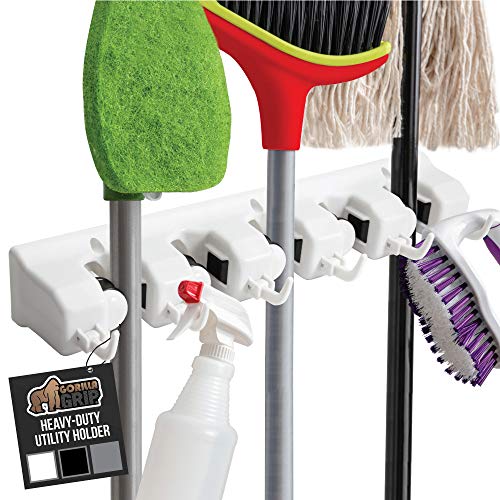 Gorilla Grip Premium Mop and Broom Holder, 5 Auto Adjust Slots, 6 Hooks, Holds Up to 50 Lbs, Easy Install Wall Mount, Store Cleaning and Gardening Tools, Organize Kitchen, Garage, Storage Rooms, White