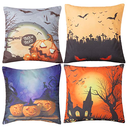 St.Yent 4PCS Halloween Pillow Covers 18x18 Inches Decorative Happy Halloween Linen Sofa Bed Throw Cushion Cover Decoration