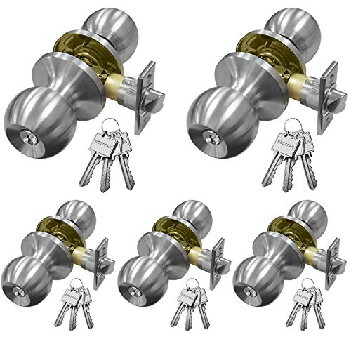 [5 Pack] Entry Door Knob Set with Lock, Keyed Different, Standard Ball, Satin Nickel, by BESTTEN