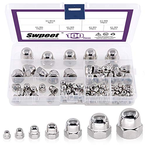 100Pcs 304 Stainless Steel Serrated Metric Acorn Cap Nuts Hex Dome Cap Assortment Kit, 7 Sizes - M3 M4 M5 M6 M8 M10 M12