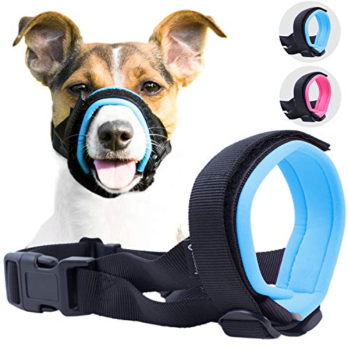 Gentle Muzzle Guard for Dogs - Prevents Biting and Unwanted Chewing Safely – New Secure Comfort Fit - Soft Neoprene Padding – No More Chafing – Training Guide Helps Build Bonds with Pet (M, Blue)