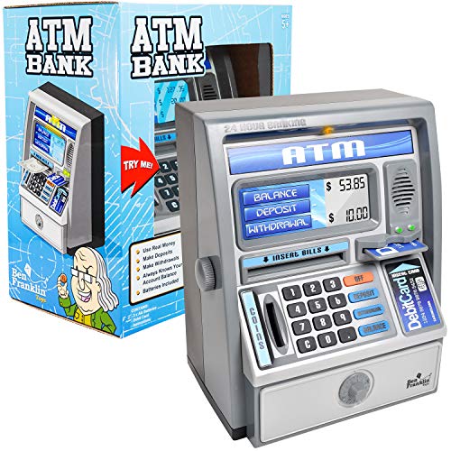 Ben Franklin Toys Kids Talking ATM Machine Savings Piggy Bank with Digital Screen, Electronic Calculator That Counts Real Money, and Safe Box for Kids, Silver