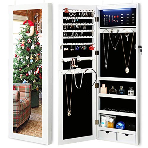 RISAR Jewelry Cabinet Wall/Door Mounted Lockable Jewelry Armoire Organizer with Full Length Dressing Mirror, Makeup Jewelry Storage, White