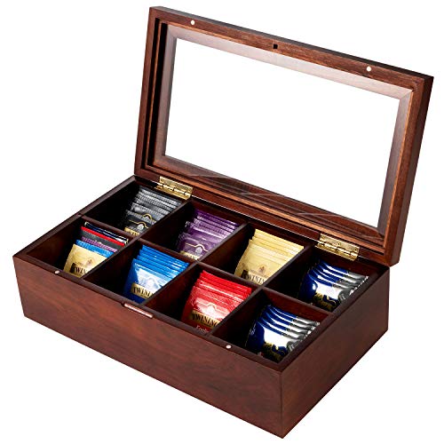 HBlife Acacia Wood Tea Box, Tea Bag Storage Chests with Transparent Acrylic Window 8 Compartments