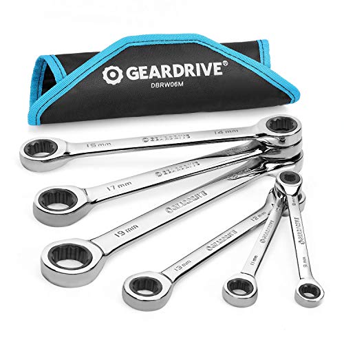 GEARDRIVE Double Box End Ratcheting Wrench Set, Metric, 6-Piece, 8-19mm, Chrome Vanadium Steel Construction with Rolling Pouch