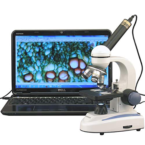 AmScope M158C-E Compound Monocular Microscope, WF10x and WF25x Eyepieces, 40x-1000x Magnification, Brightfield, LED Illumination, Plain Stage, 110V, Includes 0.3MP Camera and Software