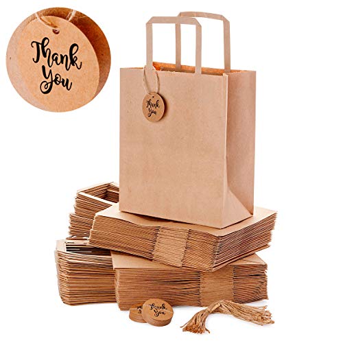 OSpecks Medium Brown Kraft Paper Shopping Bags Bulk with Handle and Thank You Tags for Retail Business, Merchandise, Goodies, Appreciation Gifts, Trade Fair, Craft Shows, Qty 50 Pcs, Size 8x4.75x10 In