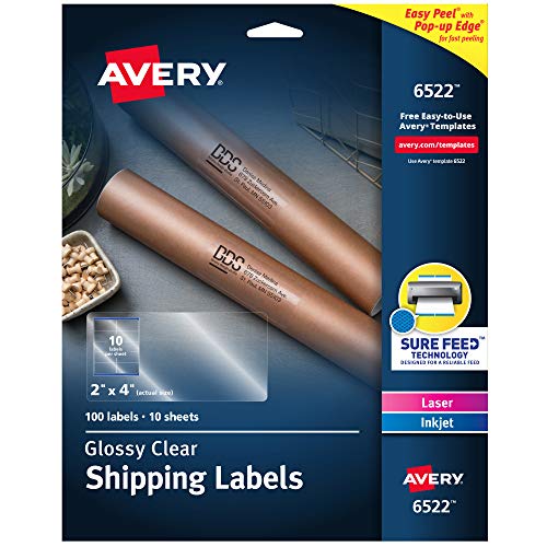 Avery Crystal Clear Address Labels for Laser & Inkjet Printers, 2' x 4', 100 Labels (6522), Glossy White