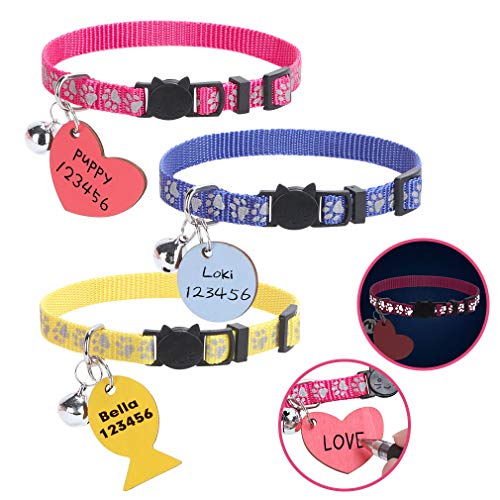 Breakaway Cat Collar with ID Tags Personalized - 3 Packs Reflective Pattern Collars with Wooden Handwriting Name Tags Adjustable Safety Collars for Kitty Puppy Small Pets
