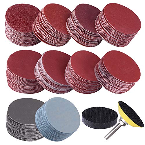 SIQUK 200 Pcs 2 Inch Sanding Discs with 1 pc 1/4 Inch Shank Backing Pad and 1 pc Soft Foam Buffering Pad 80/180/ 240/320/ 400/600/ 800/1000/ 2000/3000 Grit