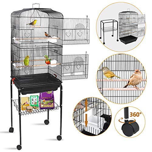 SUPER DEAL 59.3''/53'' Rolling Bird Cage Large Wrought Iron Cage for Cockatiel Sun Conure Parakeet Finch Budgie Lovebird Canary Medium Pet House with Rolling Stand & Storage Shelf (59.3'')