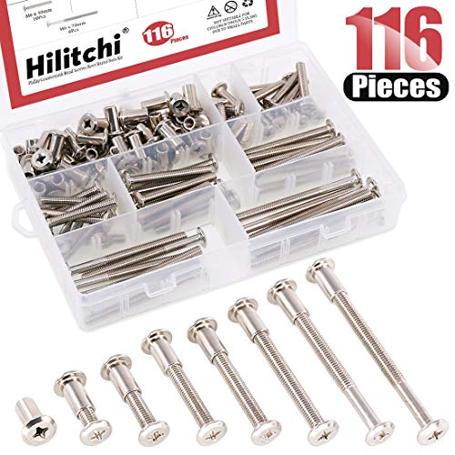 Hilitchi 116-Pcs M6 x 20/30 / 40/50 / 60/70 / 80mm Rivet Phillip Countersunk Head Screws Bolts Dowel Barrel Nuts Assortment Kit for Furniture Hardware Fitting