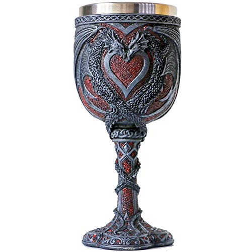 Medieval Double Dragon Wine Goblet - Valentines Dungeons and Dragons Wine Chalice -7oz Stainless Steel Drinking Cup - Romantic Novelty Gothic Gift Party Idea Goblets Present for Girl Girlfriend Wife