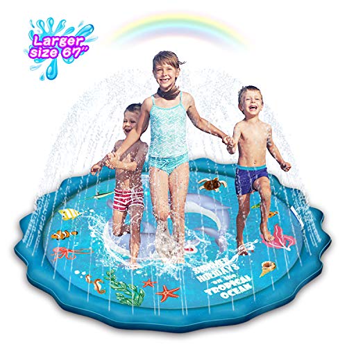 Abida Splash Pad, 67' Outside Sprinkler Play Mat for Kids, Extra Large Party Infant Wading Pool Fun Summer Outdoor Water Toys for 3-12 Years Old Baby and Toddler Girls and Boys