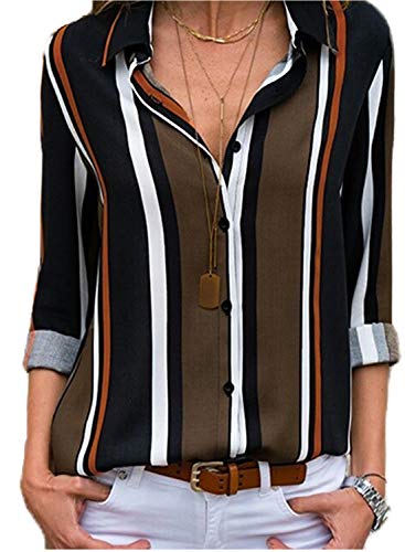 Astylish Women Summer Long Sleeve Collared Button Down Striped Shirt Tops Medium 8 10 Black