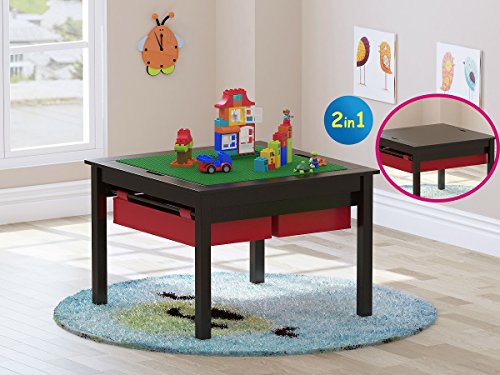 UTEX 2 in 1 Kids Construction Play Table with Storage Drawers and Built in Plate (Espresso)