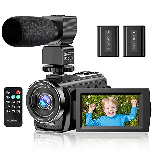 Video Camera Camcorder YouTube Vlogging Camera FHD 1080P 30FPS 24MP 16X Digital Zoom 3' LCD 270 Degrees Rotatable Screen Digital Camera Recorder with Microphone,Remote Control,2 Batteries