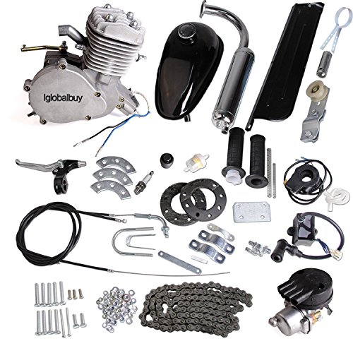 Iglobalbuy 80CC Petrol Gas Motor Bicycle Engine Complete Kit Motorized Bike 2-Stroke (Silver)