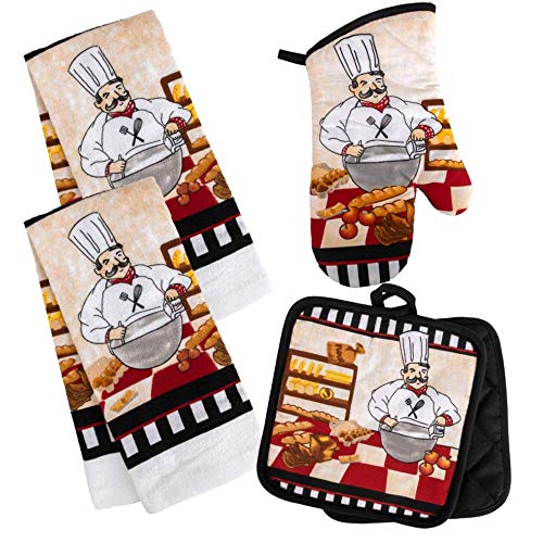 Chef Themed Kitchen Towel Set with 2 Quilted Pot Holders, 2 Dish Towels and 1 Oven Mitt