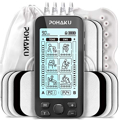 4 Channel TENS EMS Unit Muscle Stimulator for Pain Relief, POHAKU 24 Modes Rechargeable Electric Pulse Massager Machine with Large LCD Design, 10 Electrode Pads, and Dust-Proof Bag