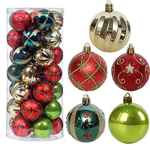 Christmas Tree Ornaments, 35ct Christmas Ball Decoration Set 2.36' Red Green and Gold Christmas Ball Shatterproof Hanging Tree Ornament Set