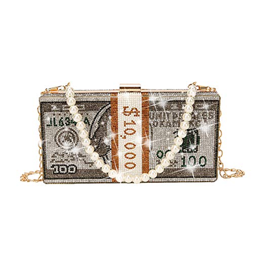 ZOVOTA Dollar Cash Bag Rhinestone Money Shoulder Bag Bill Diamond Clutch Purse Wedding Dinner Handbag (Grey)