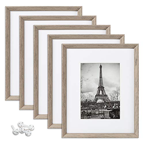 upsimples 8x10 Picture Frames with High Definition Glass,Display Pictures 5x7 with Mat or 8x10 Without Mat,Rustic Photo Frames for Wall or Tabletop Display,Set of 5,Light Grey