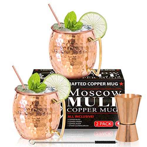 Benicci, Moscow Mule Copper Mugs-Set of 2 16 Ounce Mug with 2 Copper Straws and 1 Jigger, Hammered and Handcrafted