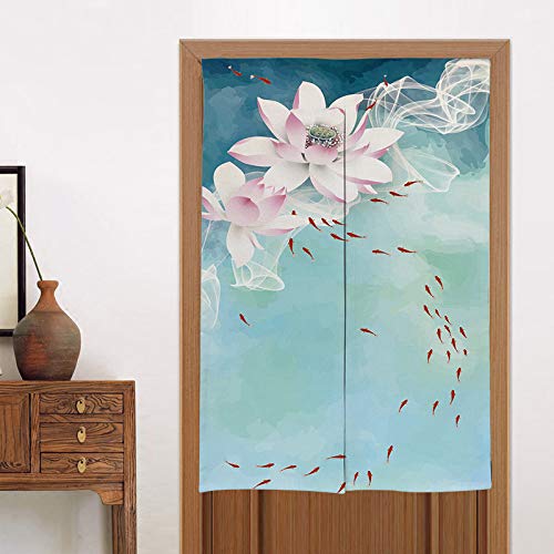 MYRU Chinese Lotus Door Curtain Toilet Partition Curtain Japanese Curtain Noren Koi Fish Feng Shui Curtain (Lotus-E,33 by 55 Inch)