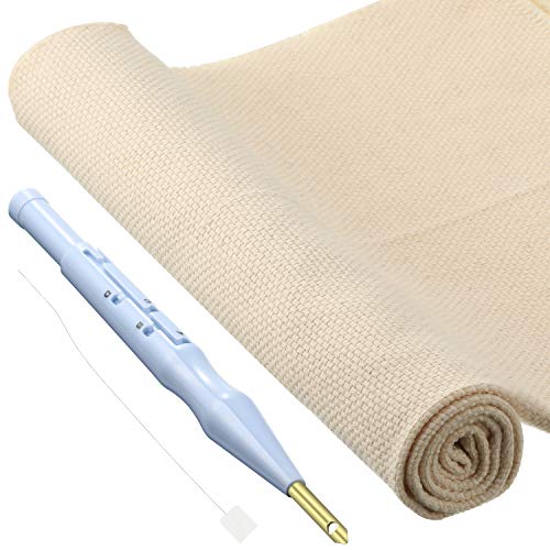 26.4 x 19.3 Inch Punch Needle Cloth Needlework Linen Fabric Needle Embroidery Fabric Monk's Cloth with Adjustable Embroidery Pens for Punch Needle Embroidery Rug-Punch and Pinch Needle