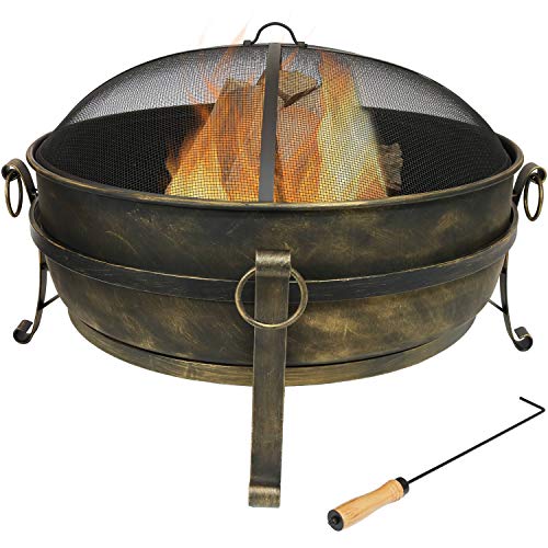 Sunnydaze Cauldron Outdoor Fire Pit - 34 Inch Large Bonfire Wood Burning Patio & Backyard Firepit for Outside with Round Spark Screen, Fireplace Poker, and Metal Grate