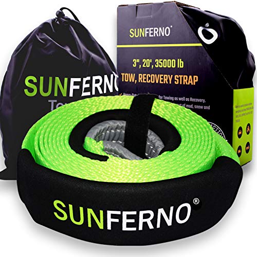 Sunferno Recovery Tow Strap 35000lb - Recover Your Vehicle Stuck in Mud/Snow - Heavy Duty 3' x 20' Winch Snatch Strap - Protective Loops, Water-Resistant - Off Road Truck Accessory - Bonus Storage Bag