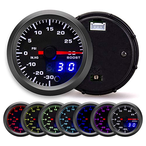 Waricaca 30 PSI 7 Color Turbo Boost/Vacuum Gauge Kit - Includes Mechanical Hose and T-Fitting - Black Dial with Pointer and LED Digital Readouts - for Car & Truck - 2-1/16' 52mm