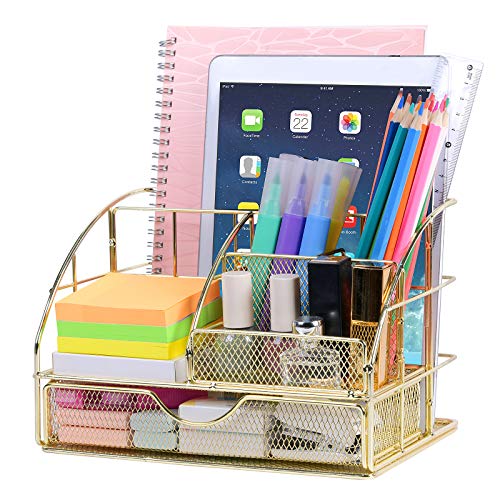 Upgraded Desk Organizer for Women, Cute Mesh Office Supplies Accessories Essentials Caddy with Drawer for Home & Office Desktop Organization & Decor, Gold