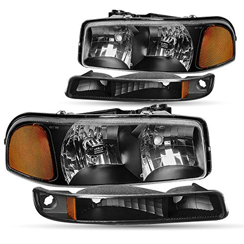 Headlight Assembly Compatible with 99-02 GMC Sierra Pickup & 00-06 Yukon 1500/ Yukon XL 2500 OEM Headlamps Pair + Park/Signal Lamps (Black)