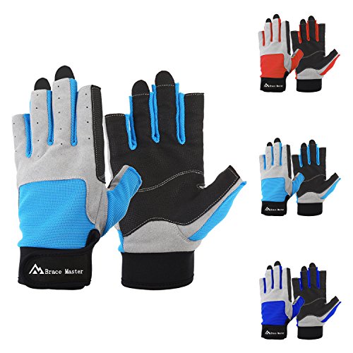 Brace Master Sailing Gloves Men Women for Sailing, Fishing, Boating, Kayaking, Surfing, Canoe Padding, Dinghy and Water Sports, Leather in Palm to Enhance Gripping (Blue, Small)