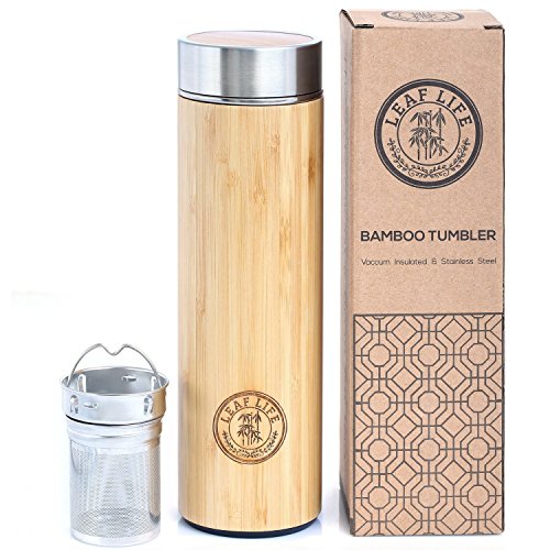 Original Bamboo Tumbler with Tea Infuser & Strainer by LeafLife | 17oz Premium Tea Bottle | Vacuum Insulated Travel Tea Mug | Comes with Tea Diffuser For Loose Tea