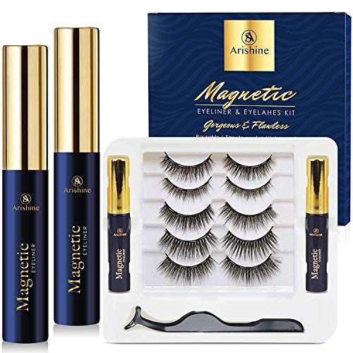 5 Pairs Reusable Magnetic Eyelashes and 2 Tubes of Magnetic Eyeliner Kit, Upgraded 3D Magnetic Eyelashes Kit With Tweezers Inside, Magnetic Eyeliner and Magnetic Eyelash Kit - No Glue Needed