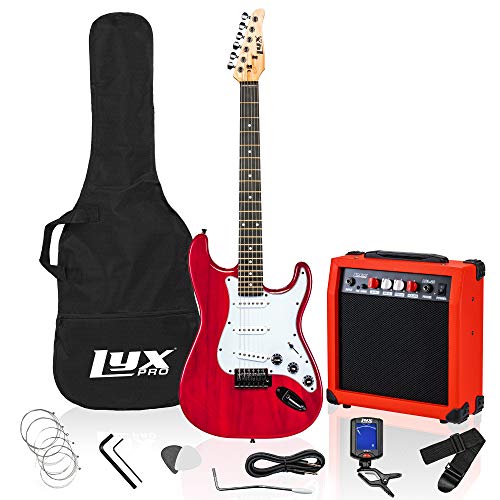 LyxPro 39 inch Electric Guitar Kit Bundle with 20w Amplifier, All Accessories, Digital Clip On Tuner, Six Strings, Two Picks, Tremolo Bar, Shoulder Strap, Case Bag Starter kit Full Size - Red