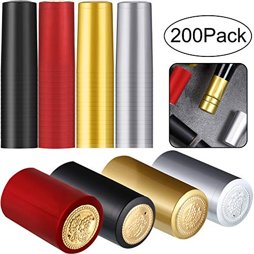 200 Pieces PVC Heat Shrink Capsules Wine Shrink Wrap Wine Bottle Capsules Shrink Caps for Wine Cellars and Home Use (Black, Red, Gold, Silver)