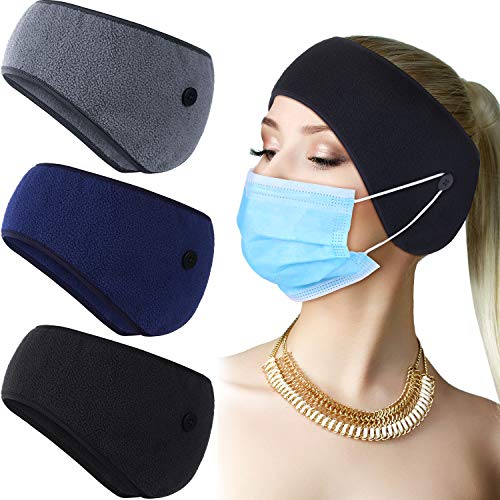 3 Pieces Button Headband Thermal Headband Ear Warmer Headband Winter Headbands Fleece Headband for Women Men (Grey, Black, Dark Blue)