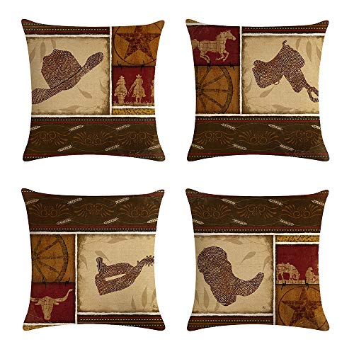 geinne 4pack Cowboy Style Throw Pillow Case Vintage Western Cowboys Riding Horses Theme Decorative Square Cotton Linen Cushion Cover for 18 X 18 Inch Pillow Inserts (Cowboy-2)
