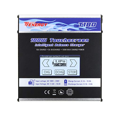 Tenergy T180 100W Balance Charger Discharger, Touch Screen RC Battery Charger for NiMH/NiCd/Li-Po/Li-Fe Packs, Durable Metal Housing, LiPo Battery Charger w/ Tamiya/JST/EC3/HiTec/Deans Connectors
