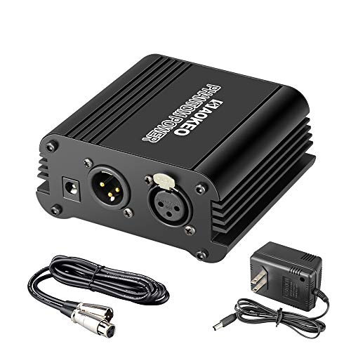 Aokeo 1-Channel 48V Phantom Power Supply with Adapter, Bonus+XLR 3 Pin Microphone Cable for Any Condenser Microphone Music Recording Equipment