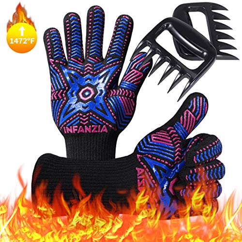 INFANZIA BBQ Gloves,Oven Gloves & Meat Claws Combo Set,1472℉ Extreme Heat Resistant,Food Grade Kitchen Grill Gloves,Non-Slip Cooking Gloves for Barbecue,Cooking,Baking,Welding,Cutting