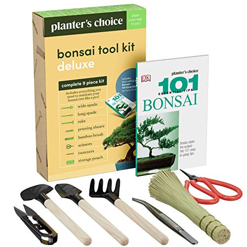 Premium Bonsai Tool Kit + Bonsai 101 Book - Set Includes: Wooden Rake, Long & Wide Spades, Scissors, Tweezers, Bamboo Brush, & Pruning Shears (Trimmer/Clipper) in Fabric Storage Holder - Bonsai Tools
